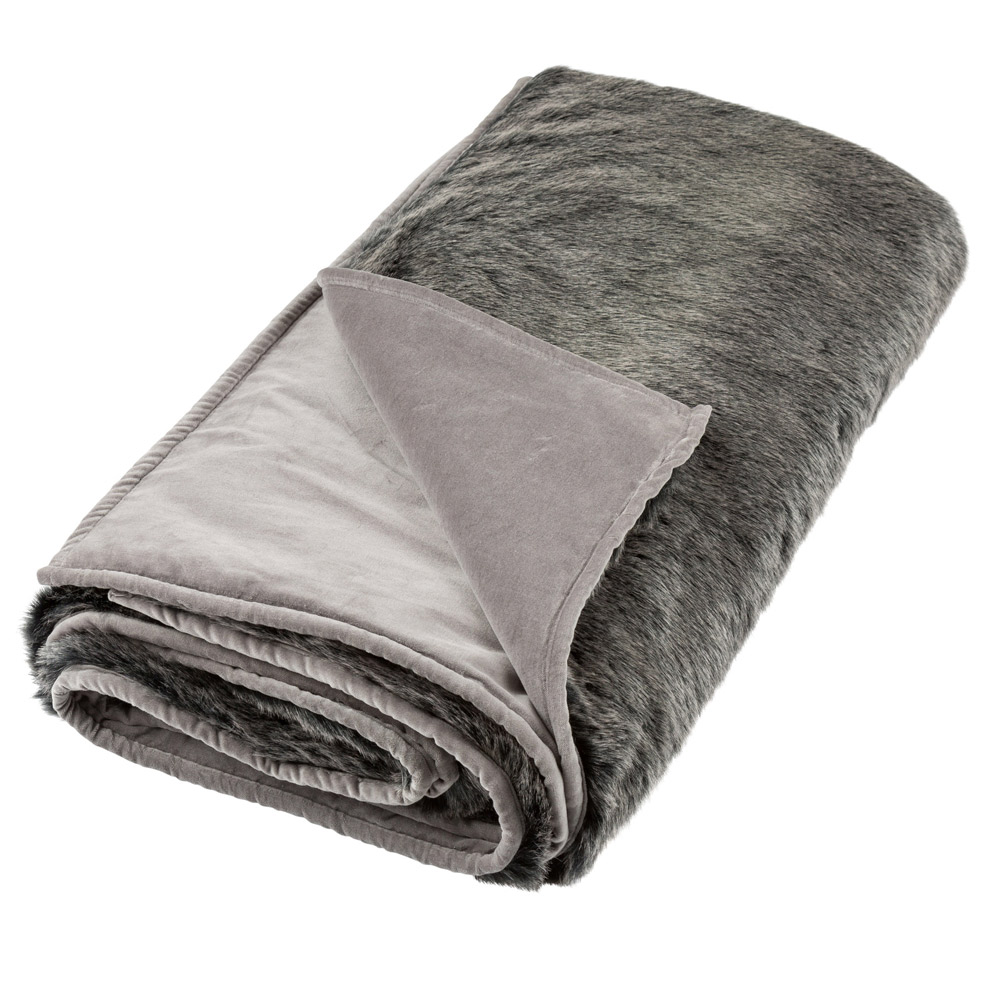 Grey Faux Fur Throw Feather & Black